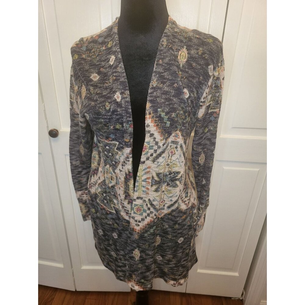 Eyeshadow Blue Aztec Print Open Cardigan L Boho Hippie Western Southwestern